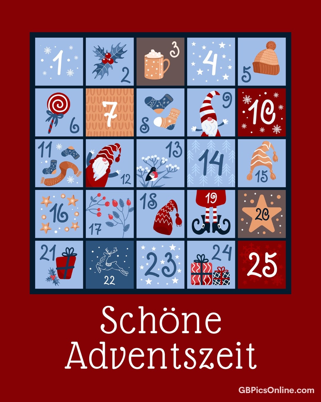 Adventskalender mit winterlichen Motiven und Zahlen von 1 bis 25