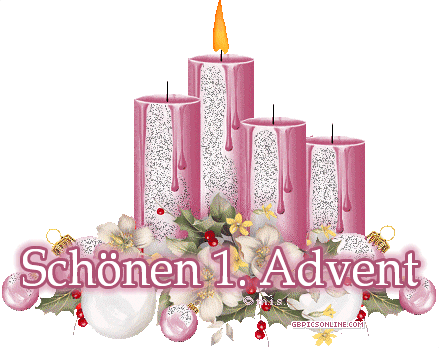 Vier Kerzen, eine brennt, umgeben von Blumen und Beeren. Text: „Schönen 1. Advent“