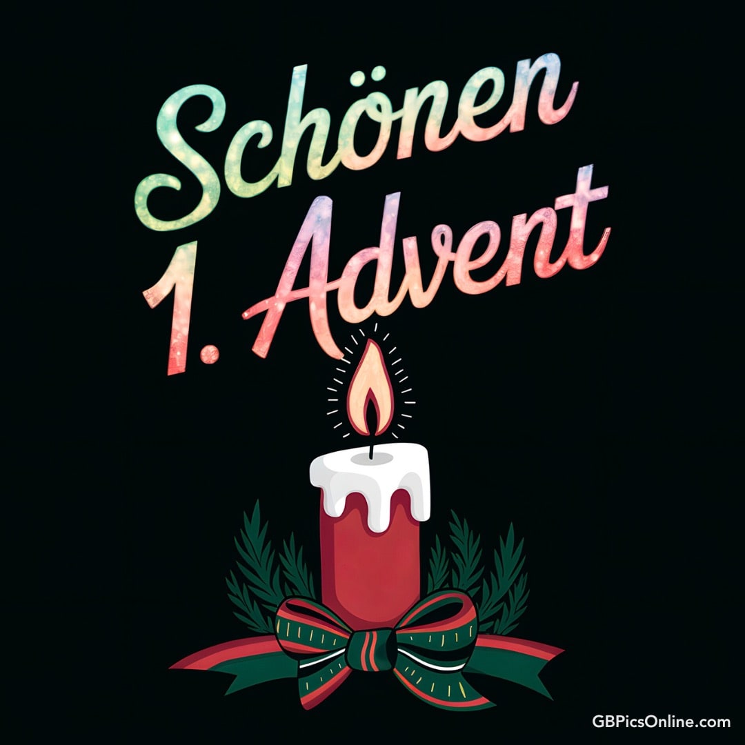 Bunte Schrift wünscht einen schönen 1. Advent, verziert mit einer Kerze und Tannenzweigen