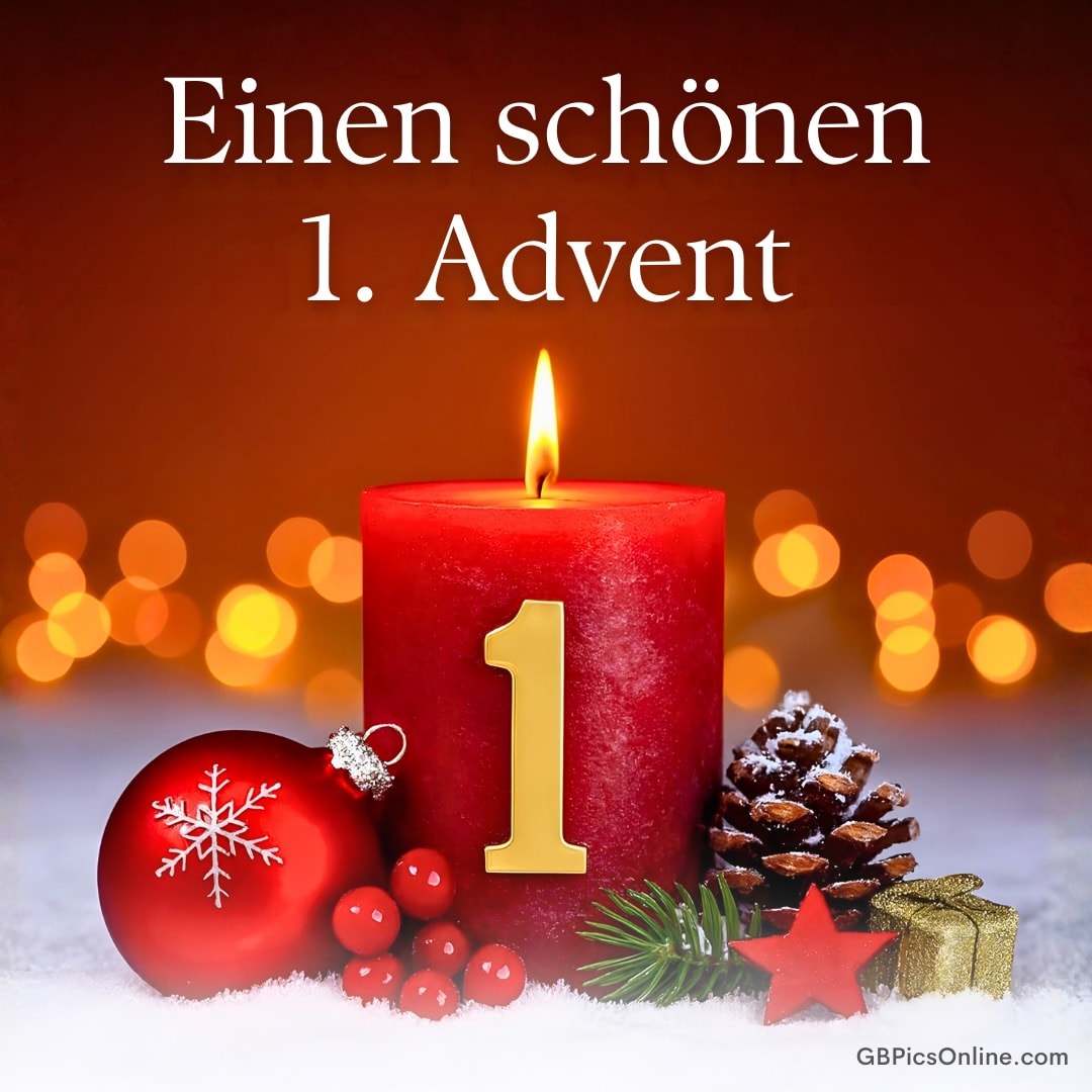 Brennende rote Kerze mit der Zahl 1, umgeben von Weihnachtsschmuck und Tannenzweigen