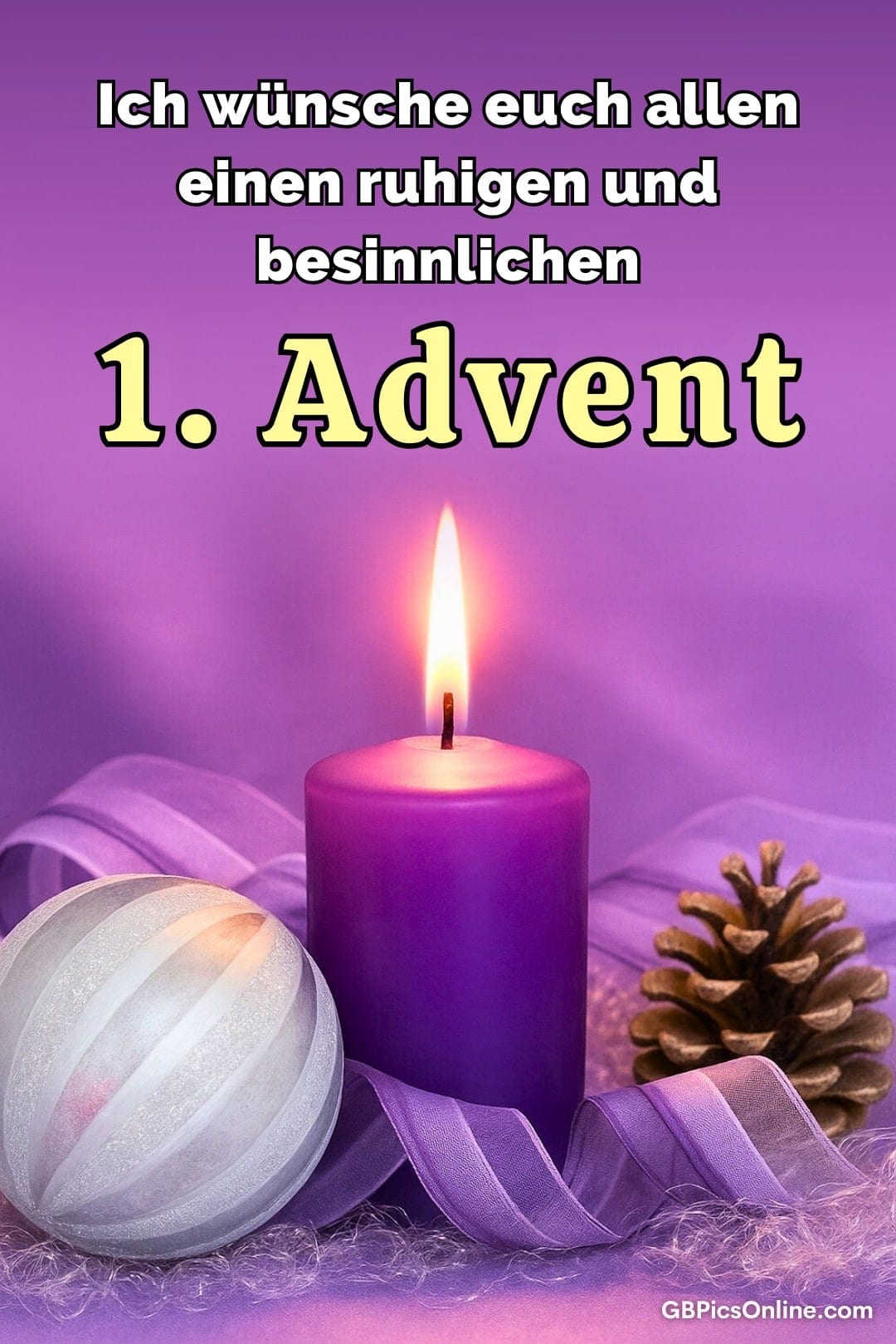 Lila Kerze, Christbaumkugel und -zapfen zum 1. Advent mit Wünschen
