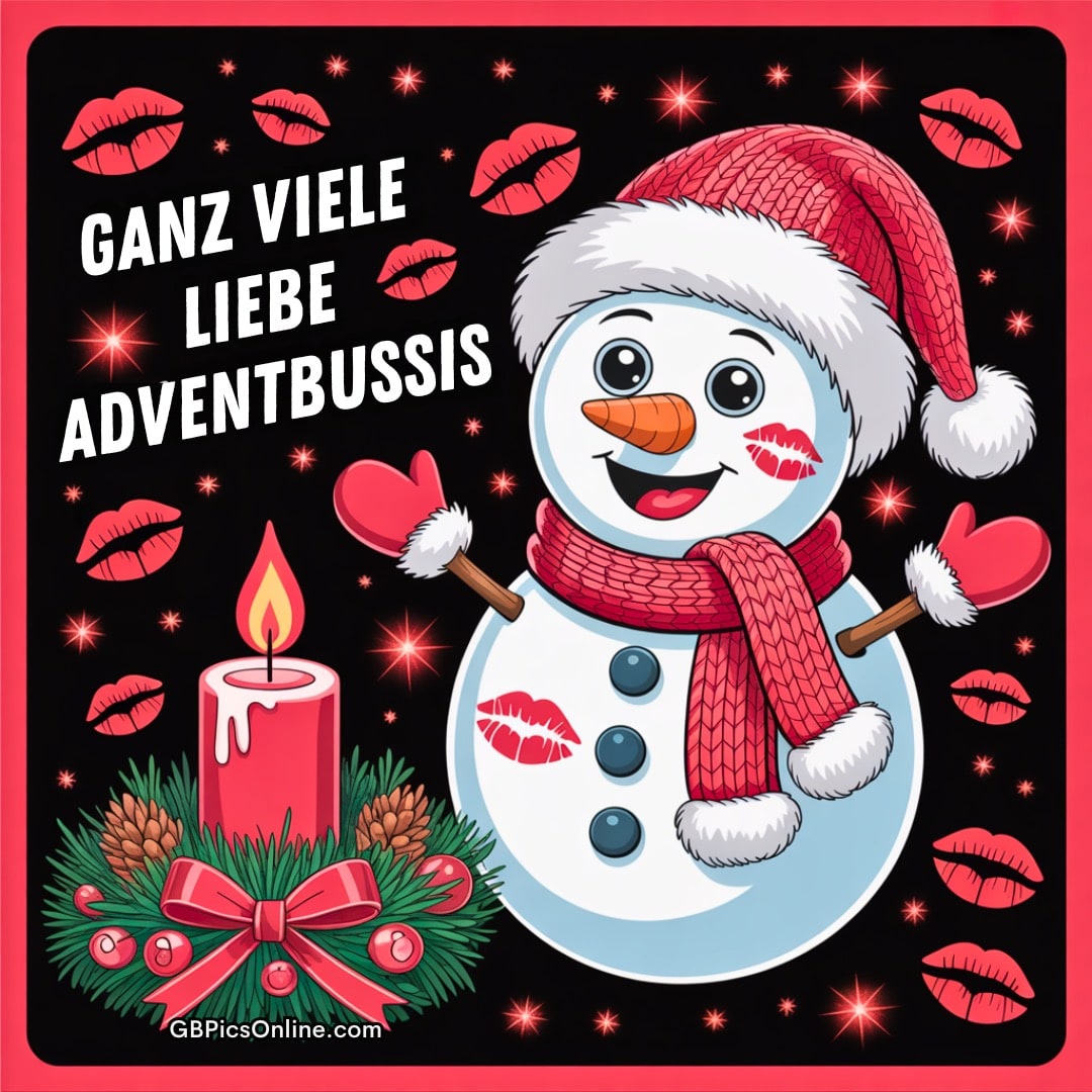 Fröhlicher Schneemann mit Nikolausmütze, Kerze und roten Adventsküssen auf schwarzem Hintergrund