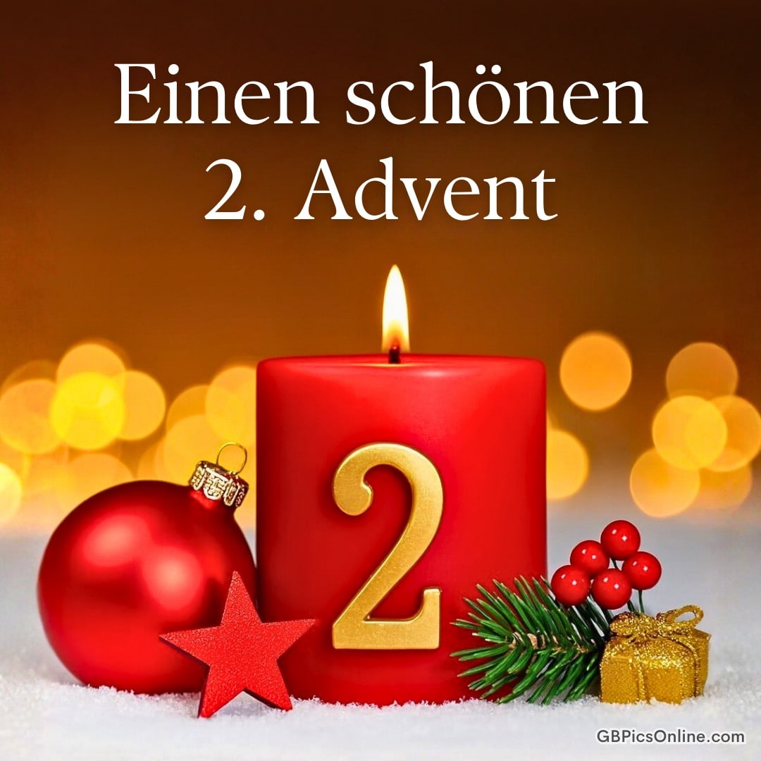 Rote Kerze mit goldener „2“, Weihnachtskugel, Stern und Geschenk, Text: „Einen schönen 2. Advent“
