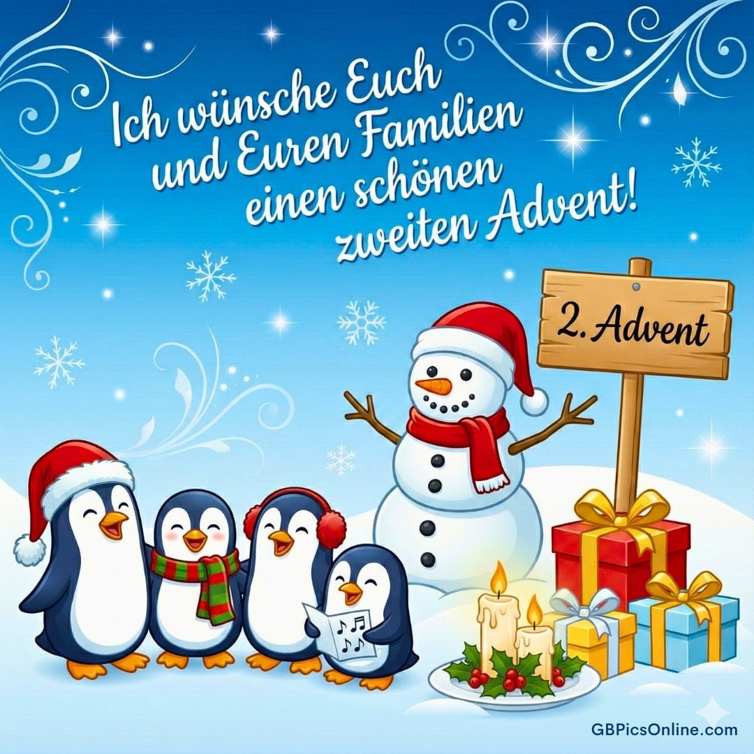 Pinguine und Schneemann feiern den zweiten Advent mit Kerzen, Geschenken und fröhlichem Wintergruß