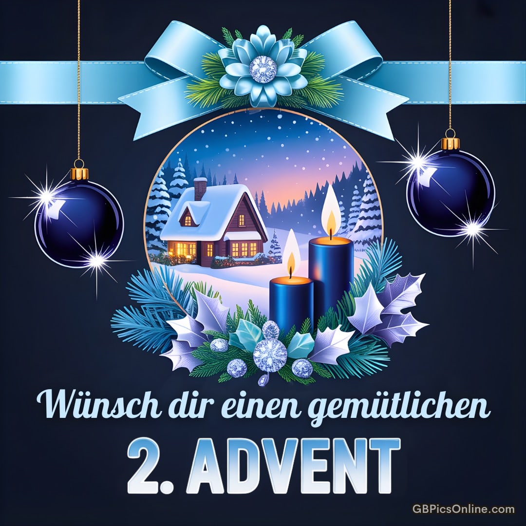 Winterlandschaft mit Hütte, zwei brennenden Adventskerzen und blauem Weihnachtsschmuck, Text: „Wünsch dir einen gemütlichen 2. Advent“