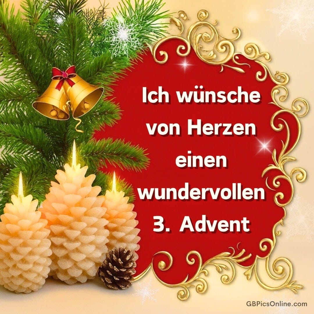 Adventsgesteck mit Tannenzweigen, Kerzen und Glöckchen, herzliche Wünsche zum 3. Advent