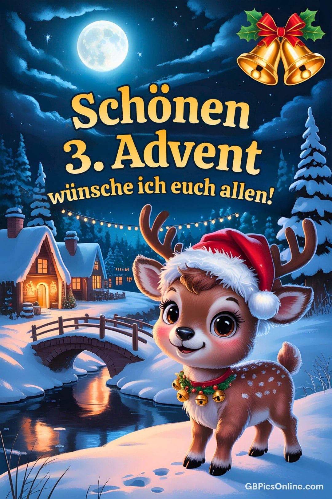 Süßes Rentier mit Nikolausmütze im verschneiten Dorf, darüber Text: „Schönen 3. Advent wünsche ich euch allen!“