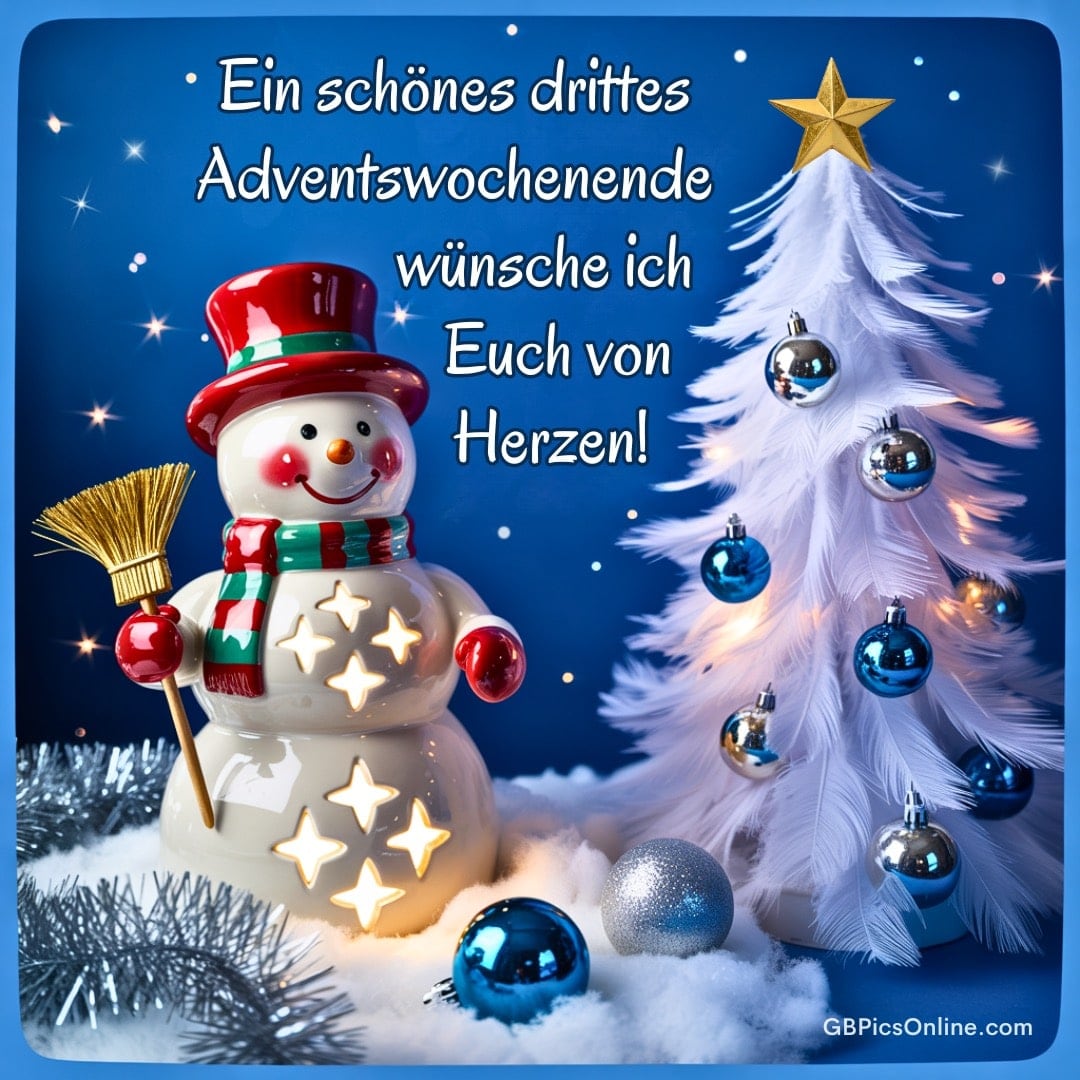 Fröhlicher Schneemann mit leuchtenden Sternen neben weißem Christbaum, Text zum dritten Adventswochenende