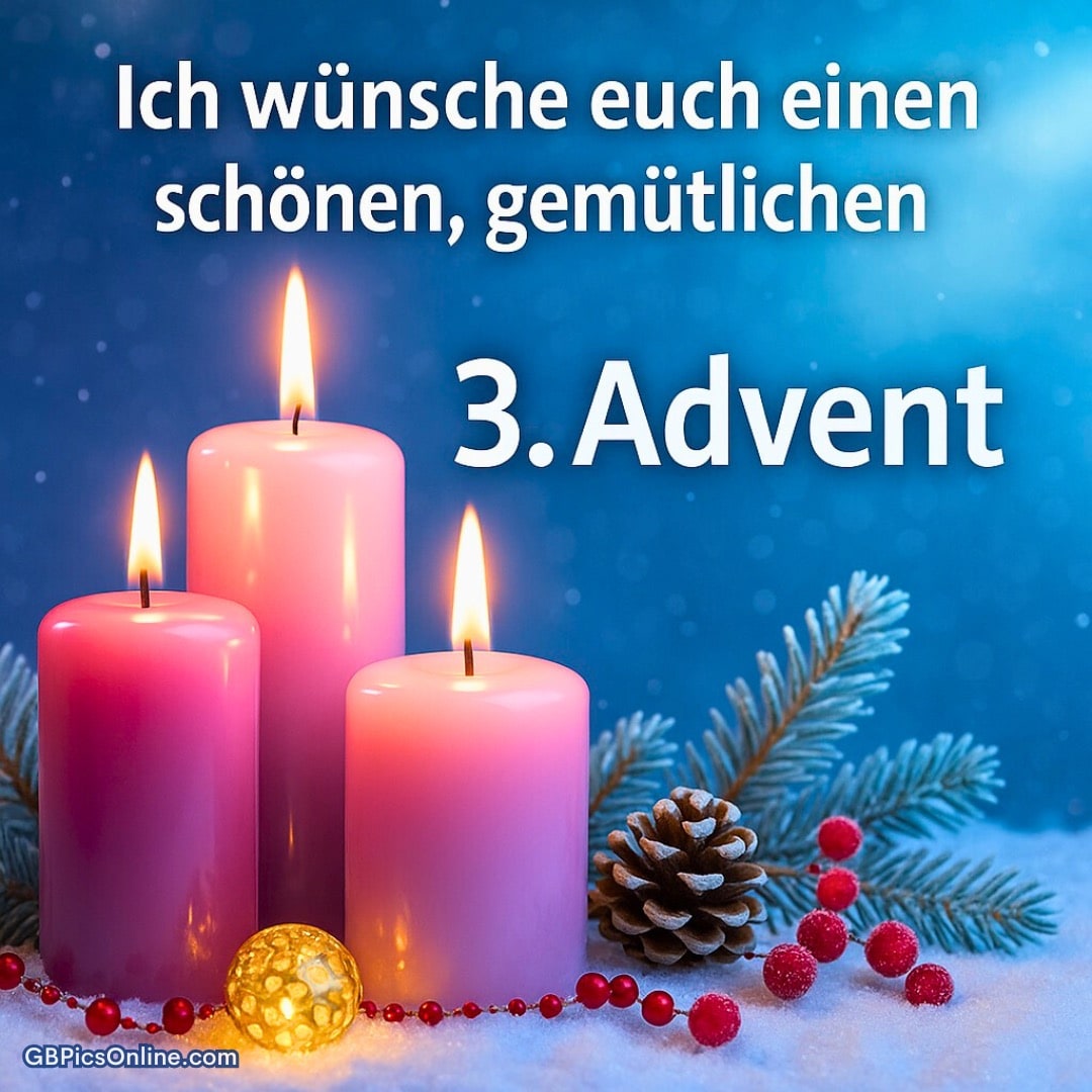 Drei rosa Adventskerzen brennen im Schnee, Tannenzweig, Zapfen und Kugeln, Text: „Ich wünsche euch einen schönen, gemütlichen 3. Advent“