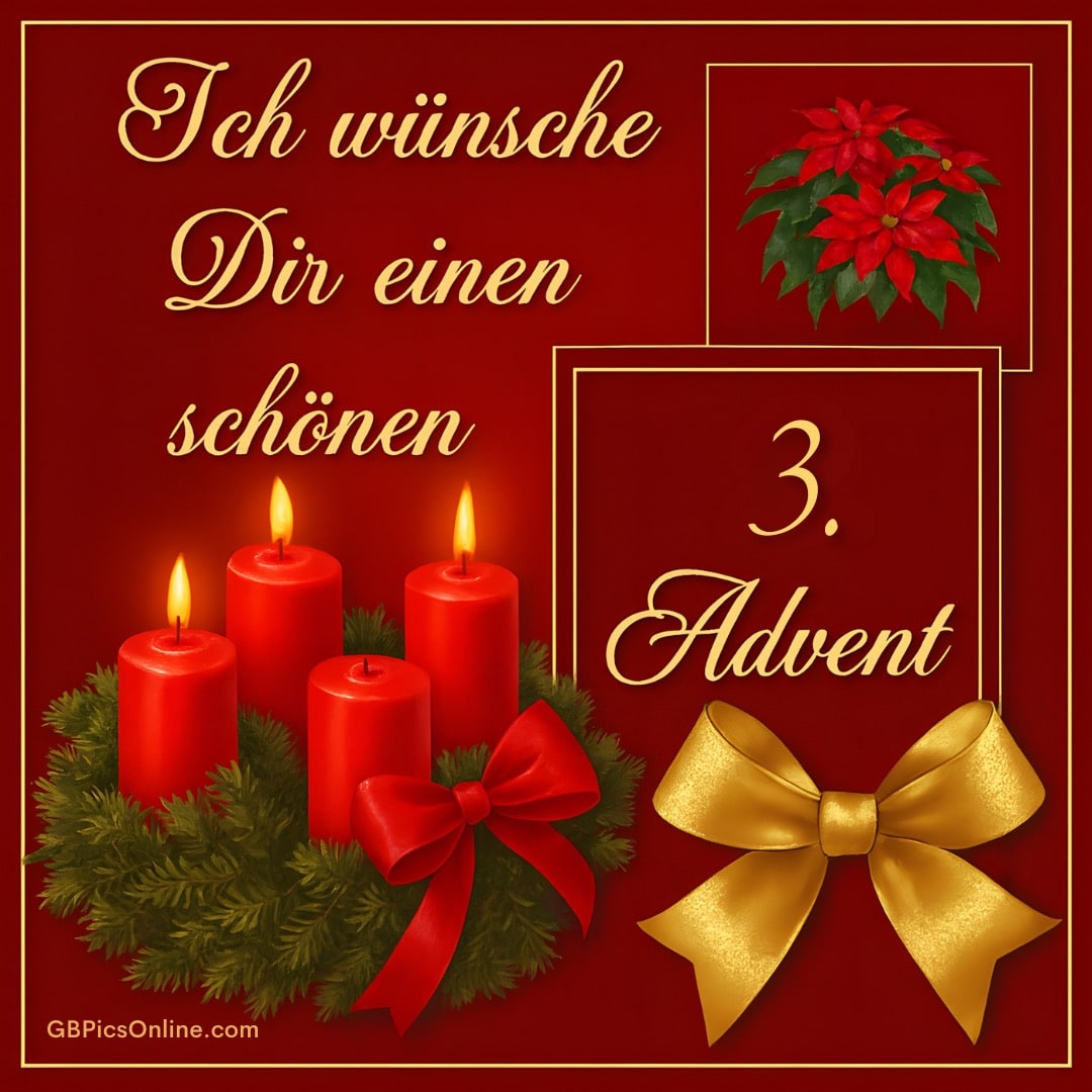 Roter Adventskranz mit drei brennenden Kerzen, Schleifen und Text: „Ich wünsche Dir einen schönen 3. Advent“