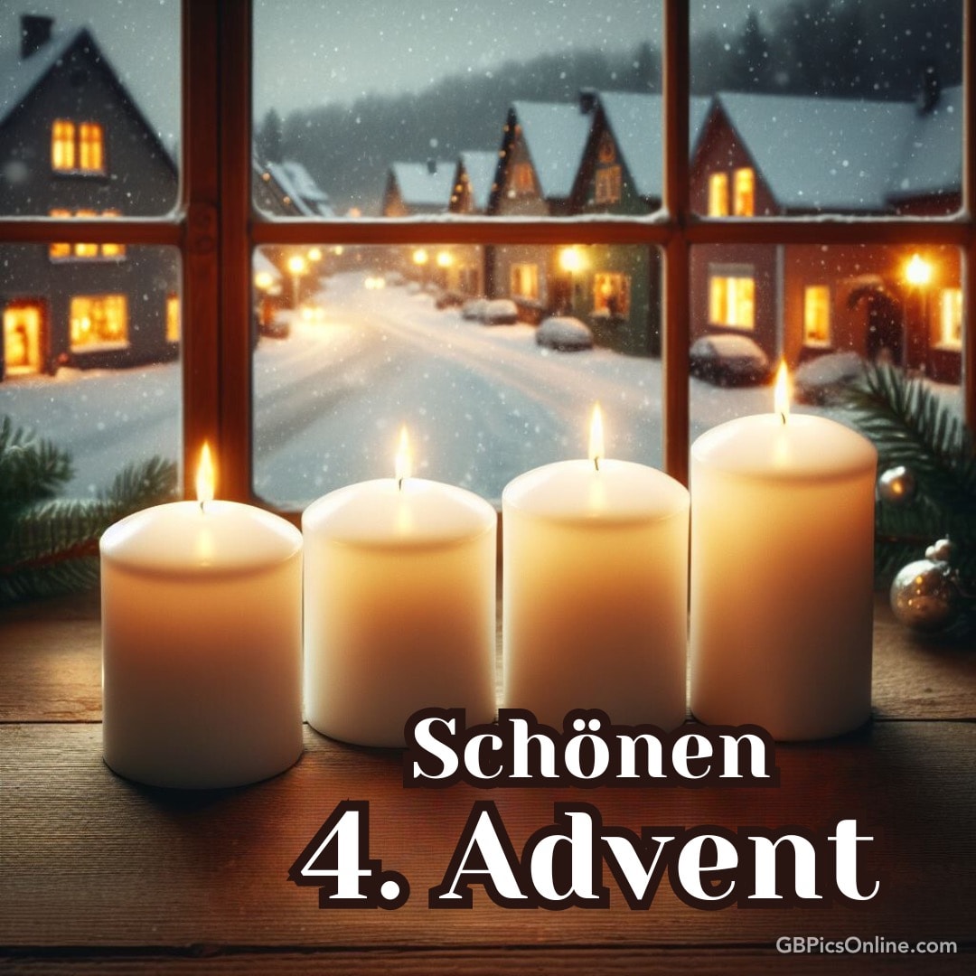 Drei Kerzen am Fenster, draußen Winterlandschaft, Schriftzug „Schönen 4. Advent“