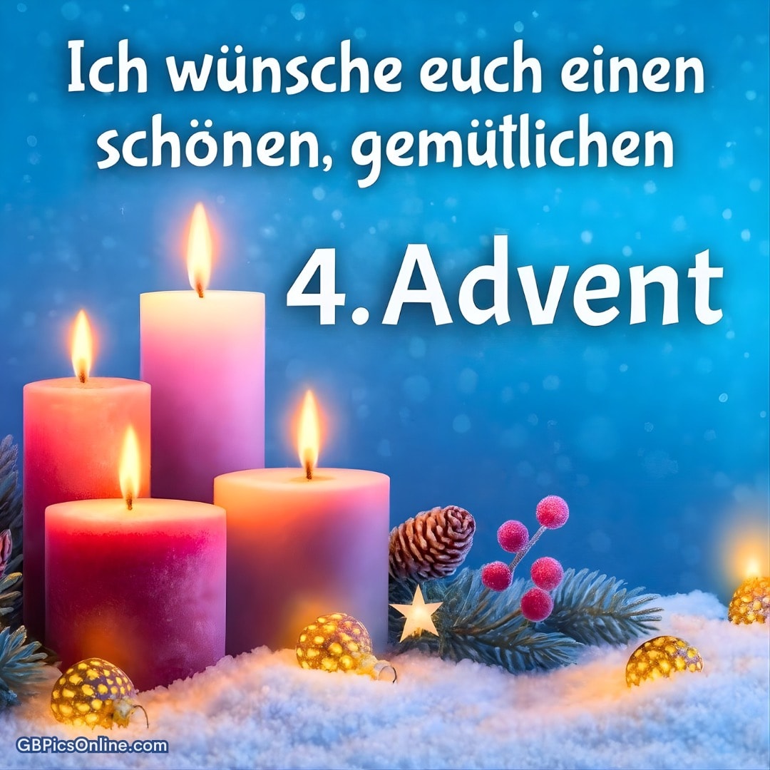 Vier brennende Kerzen auf Schnee mit Tannenzweigen und Deko