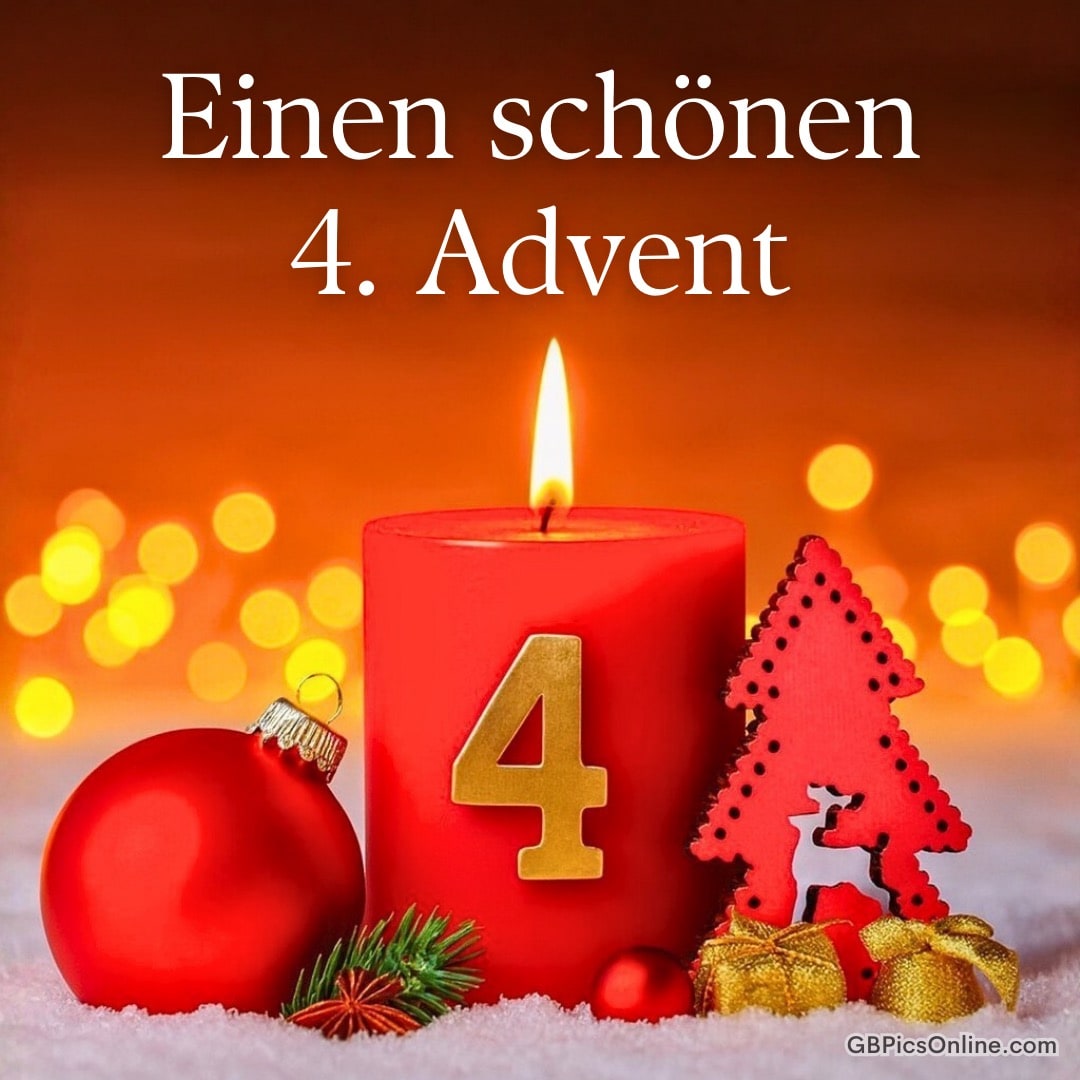 Rote Kerze mit goldener „4“, Weihnachtskugel und Deko im Schnee, Schriftzug „Einen schönen 4. Advent“