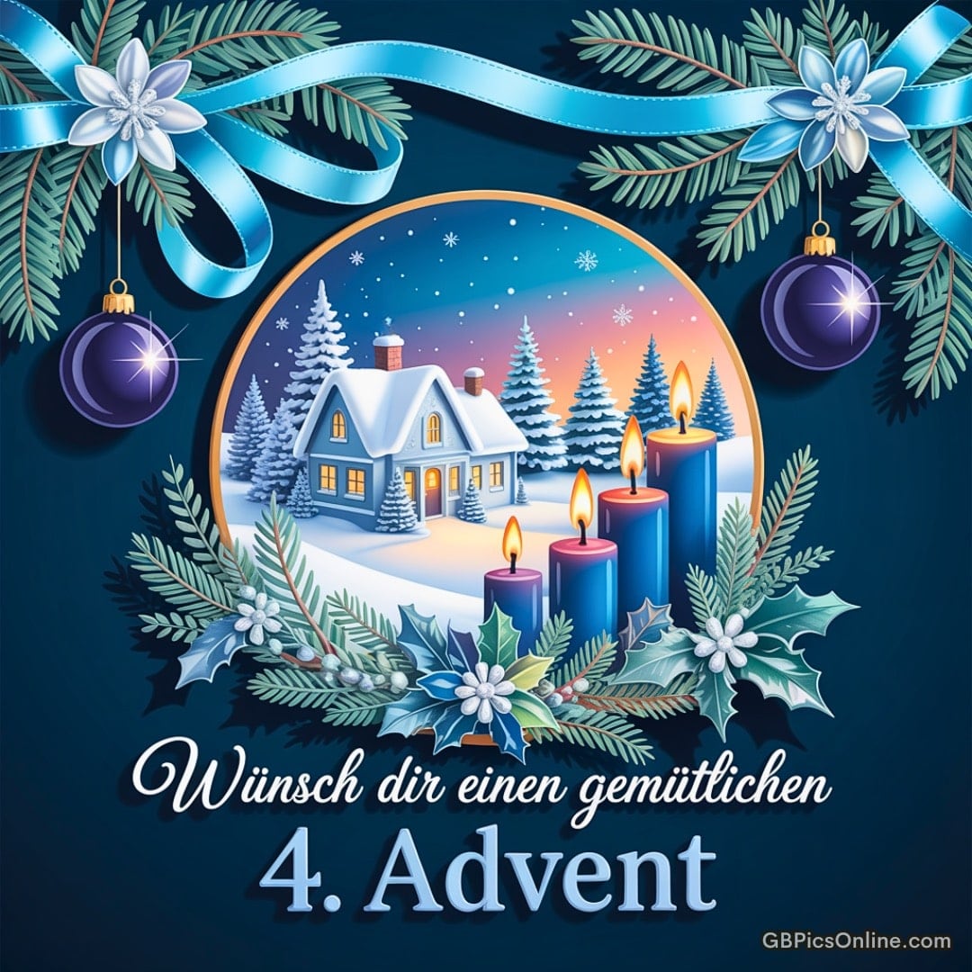 Winterliche Schneelandschaft mit Haus, vier brennenden Adventskerzen, Tannenzweigen und blauen Weihnachtskugeln