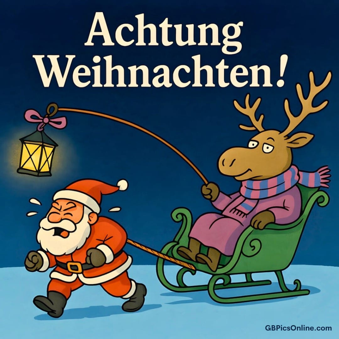 Weihnachtsmann zieht ein Rentier im Schlitten durch den Schnee