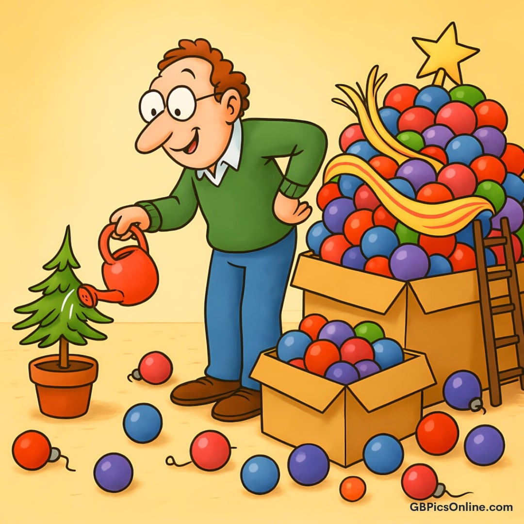 Ein Mann gießt einen kleinen Tannenbaum, umgeben von vielen bunten Christbaumkugeln und Kartons mit Weihnachtsdeko