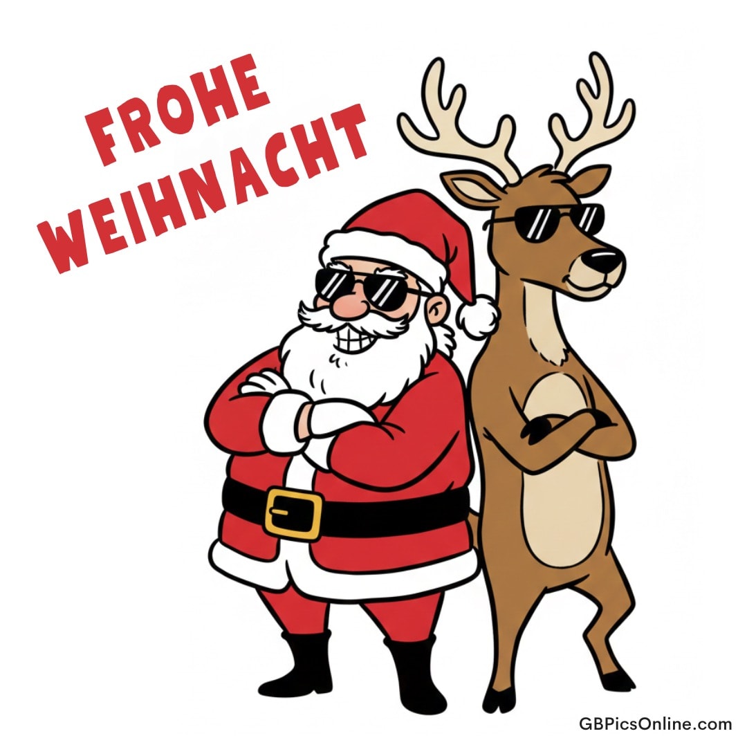 Cartoon: Weihnachtsmann und Rentier mit Sonnenbrillen, verschränkt die Arme, daneben Grußtext