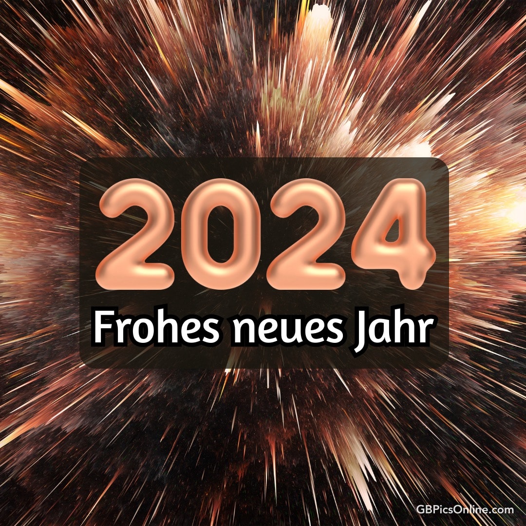 2024 und „Frohes neues Jahr“ mit Feuerwerk im Hintergrund