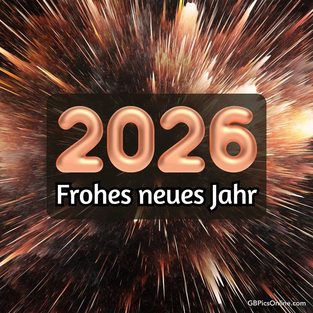 2026 und „Frohes neues Jahr“ mit Feuerwerk im Hintergrund