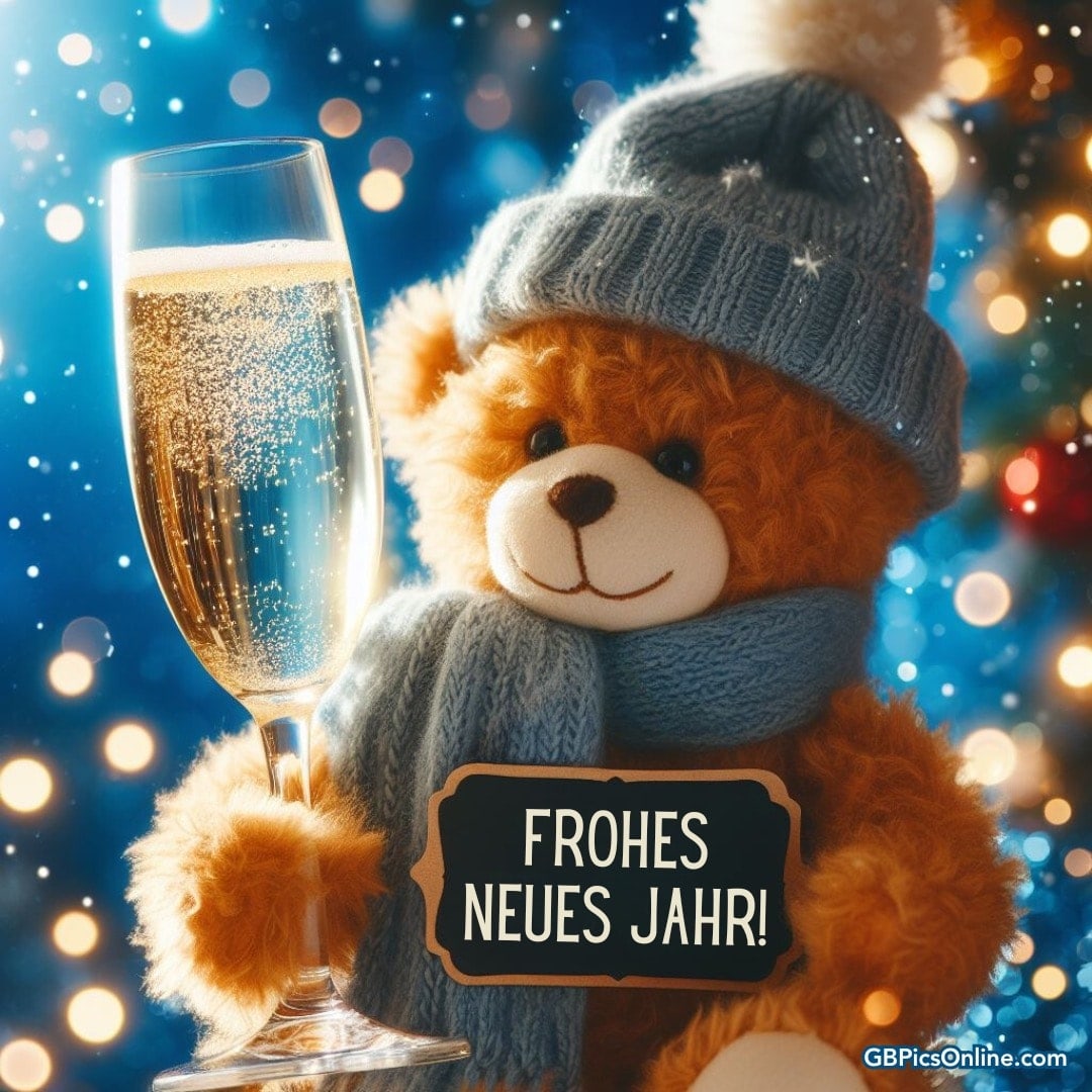 Ein Teddybär mit Mütze und Schal hält Schild: „FROHES NEUES JAHR!“ Neben Sektglas
