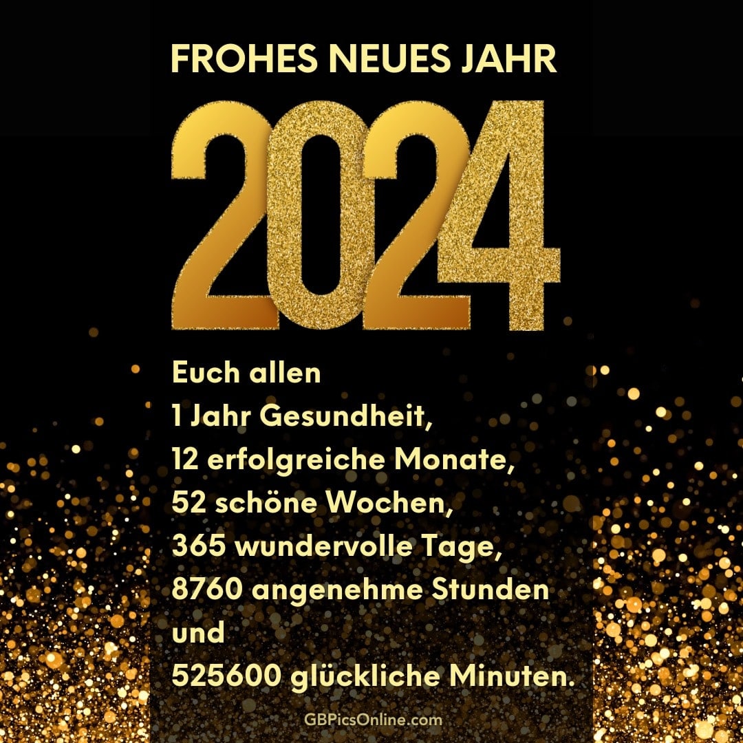 Neujahrswünsche für 2024 mit goldenen Zahlen und Glitzer