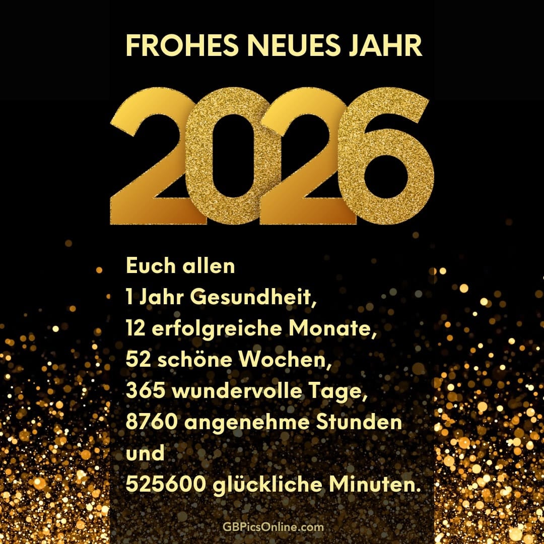 Neujahrswünsche für 2026 mit goldenen Zahlen und Glitzer