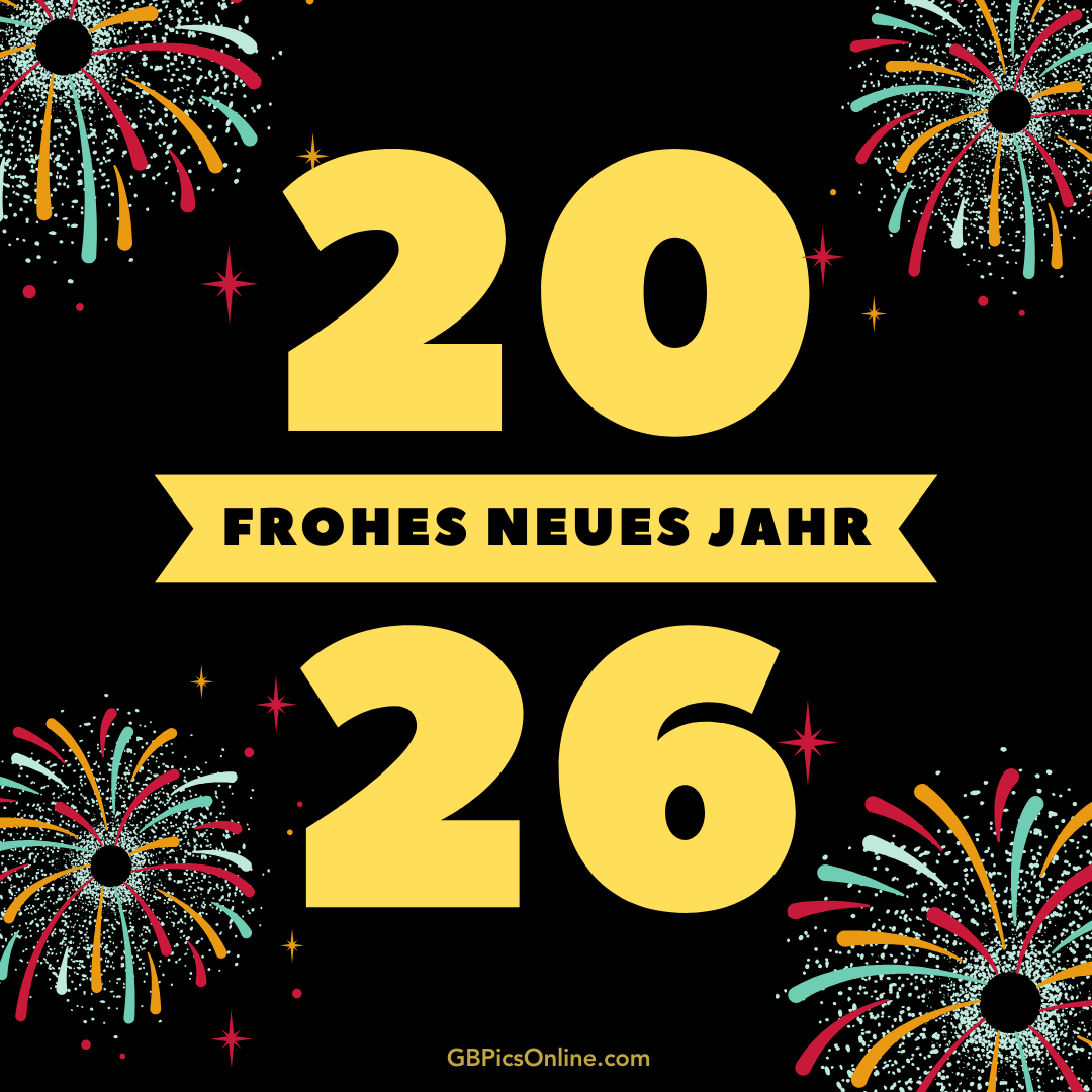 Schwarzer Hintergrund, Feuerwerk und „2026 Frohes Neues Jahr“