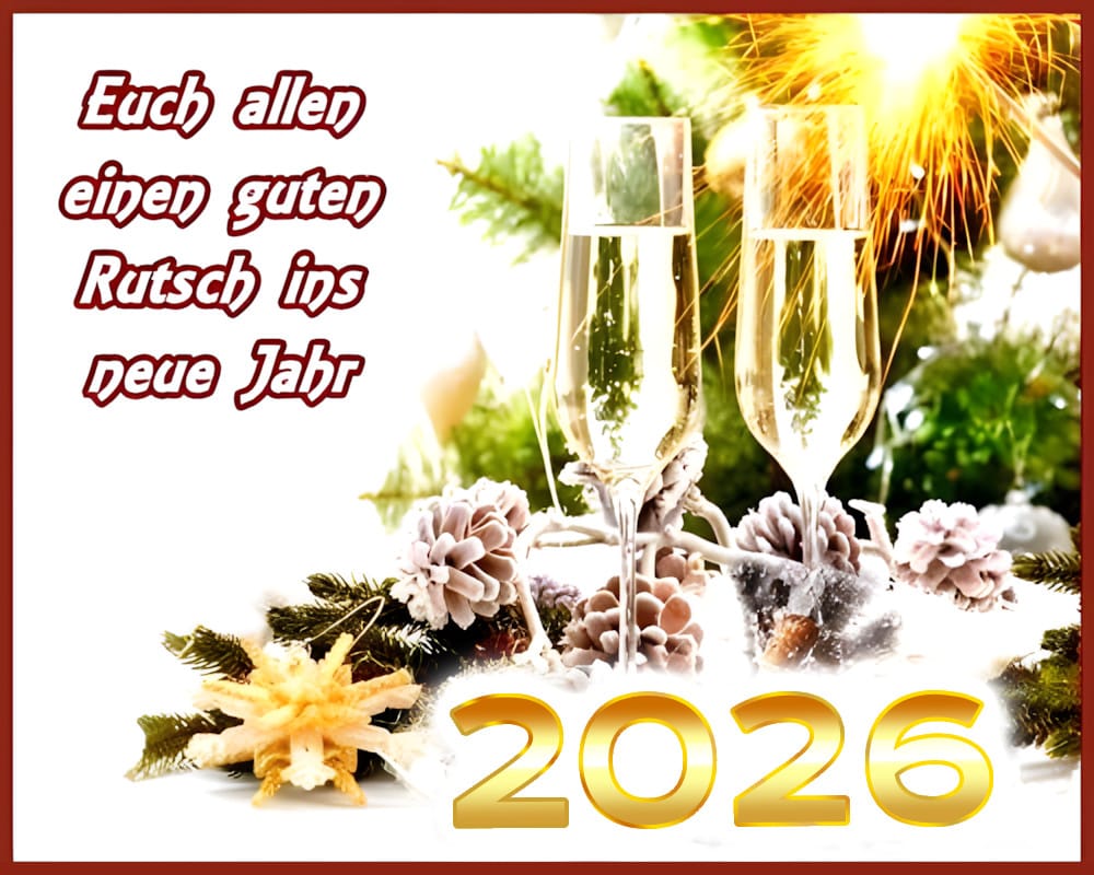 Feierliche Neujahrsgrüße mit Sektgläsern, Feuerwerk und Tannendeko für 2026