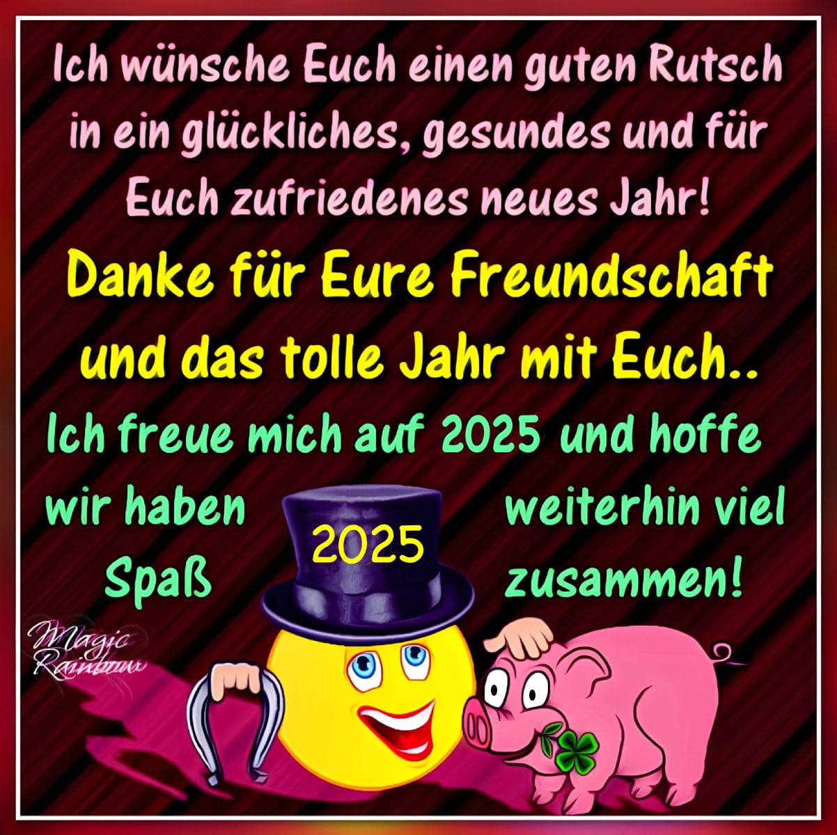 Neujahrswünsche mit einem gelben Smiley im Zylinder und einem glücklichen Schwein