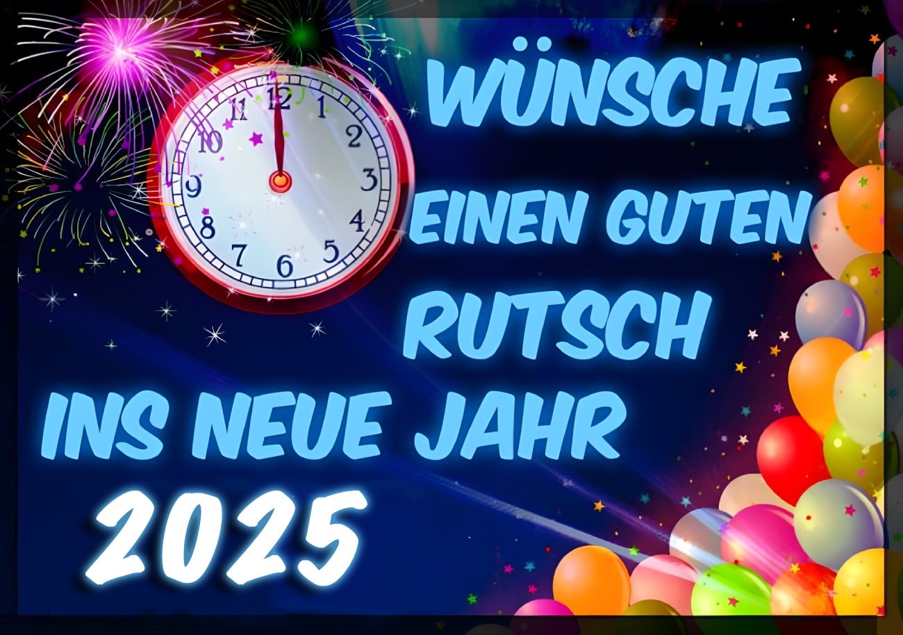 Neujahrsgruß für 2025 mit Feuerwerk, Uhrengrafik und bunten Ballons