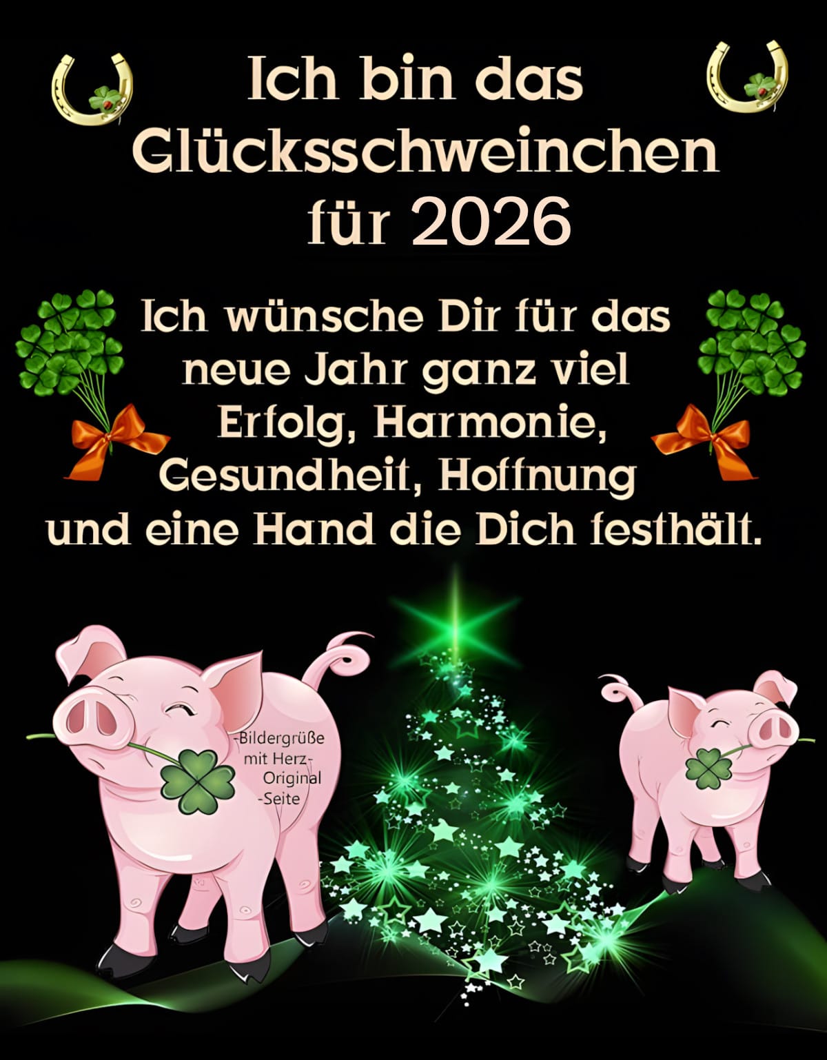 Glücksschweinchen mit Kleeblättern wünscht Erfolg und Gesundheit für 2026