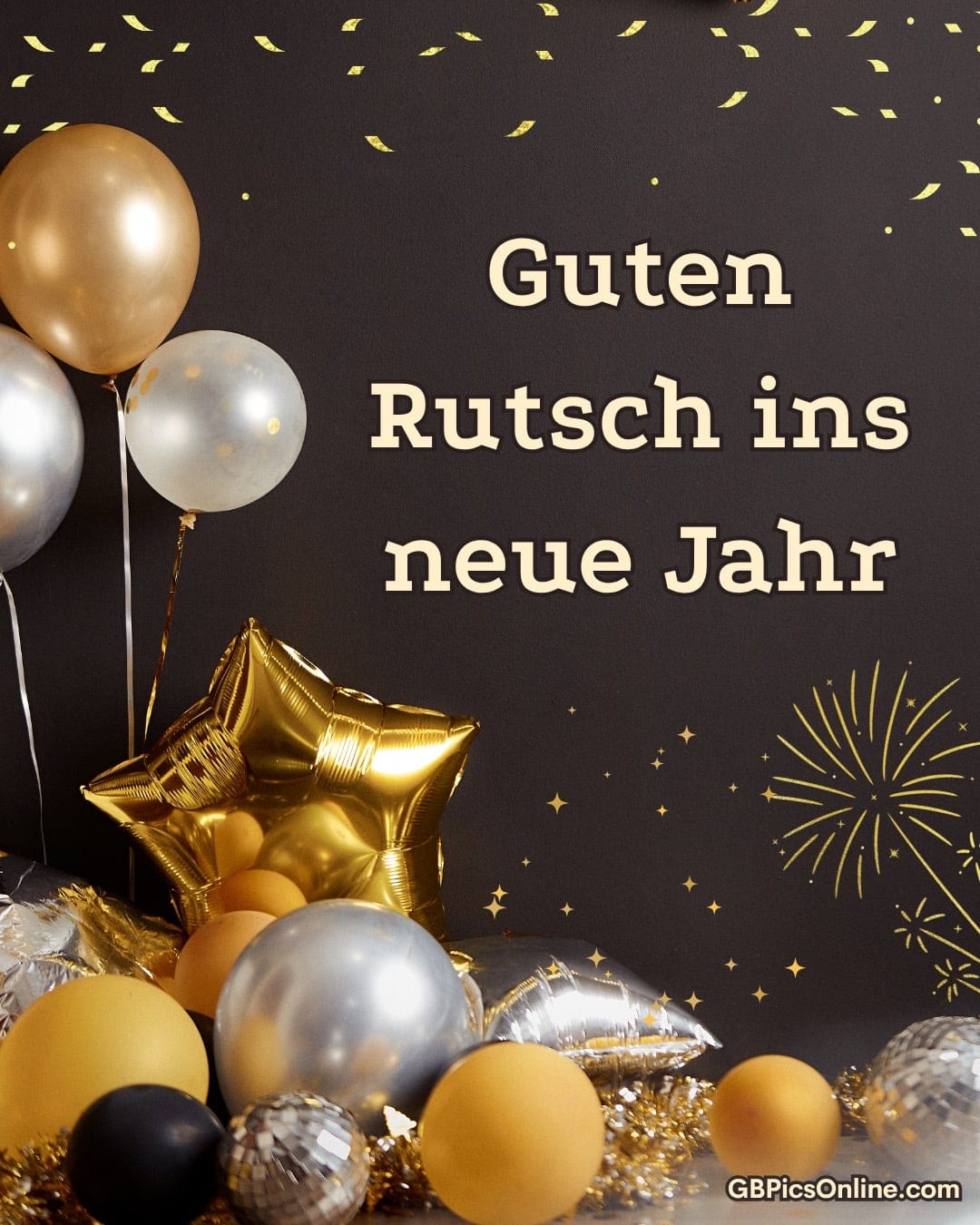 Schwarzer Hintergrund mit goldenen Ballons und Neujahrsgruß