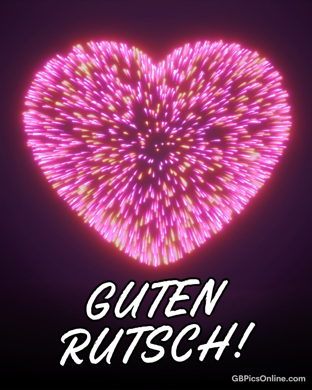 Ein leuchtendes Herz aus Feuerwerksstrahlen mit Schriftzug „Guten Rutsch!“