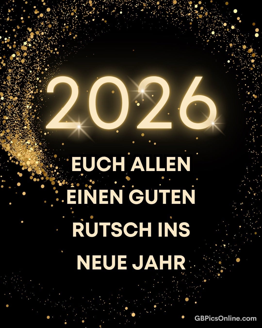 Goldene „2026“ vor einem schwarzen Hintergrund mit funkelnden Goldpartikeln und Neujahrswünschen