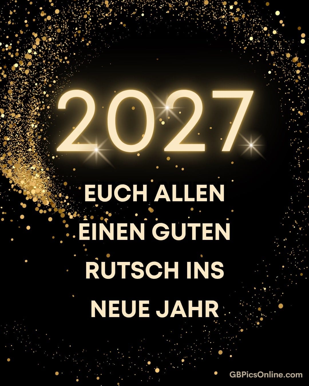 Goldene „2027“ vor einem schwarzen Hintergrund mit funkelnden Goldpartikeln und Neujahrswünschen
