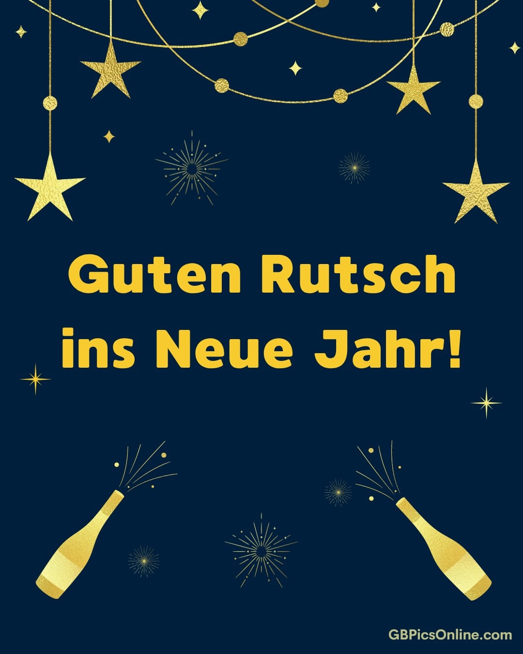 Neujahrsgruß in Gold und Blau mit Sternen, Girlanden und Sekt