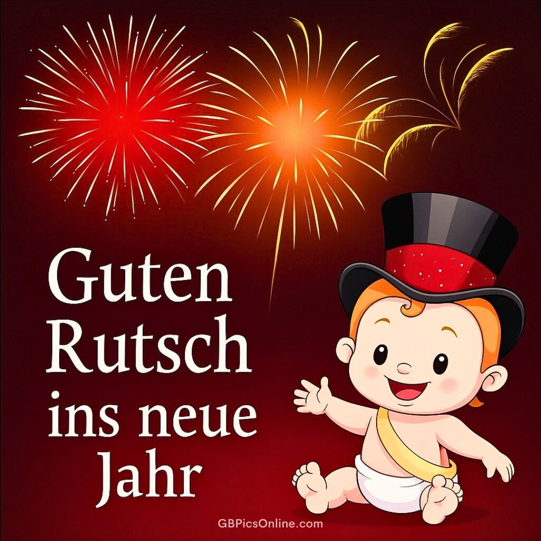 Illustration eines lächelnden Babys in einem Zylinder, Feuerwerk im Hintergrund, Text „Guten Rutsch ins neue Jahr“