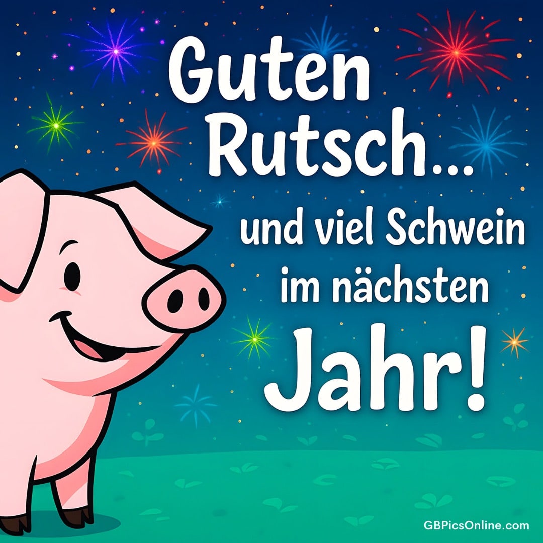 Ein lachendes Schwein unter einem funkelnden Sternenhimmel, Wünsche für das neue Jahr