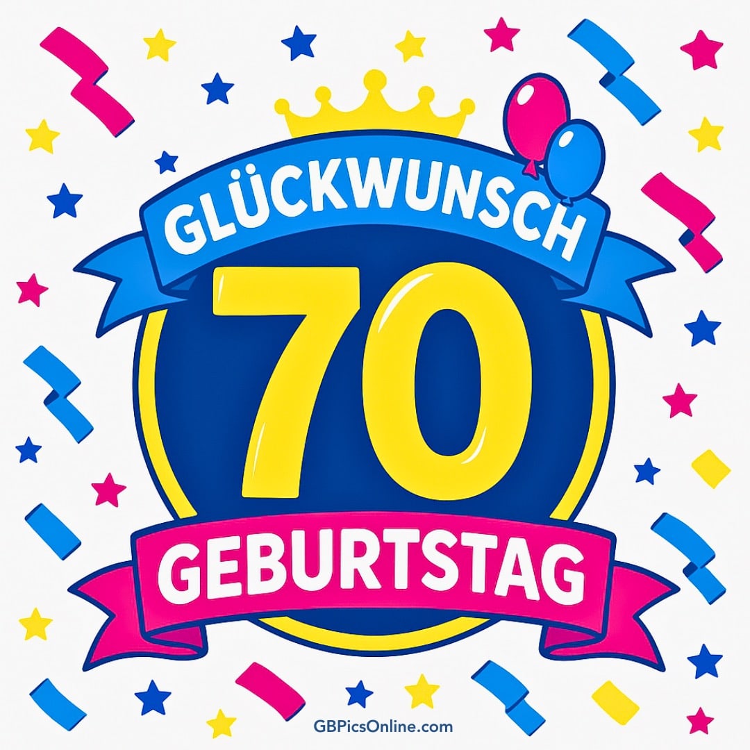 Farbenfrohe Grafik zum 70. Geburtstag mit Sternen, Luftballons und einer Krone