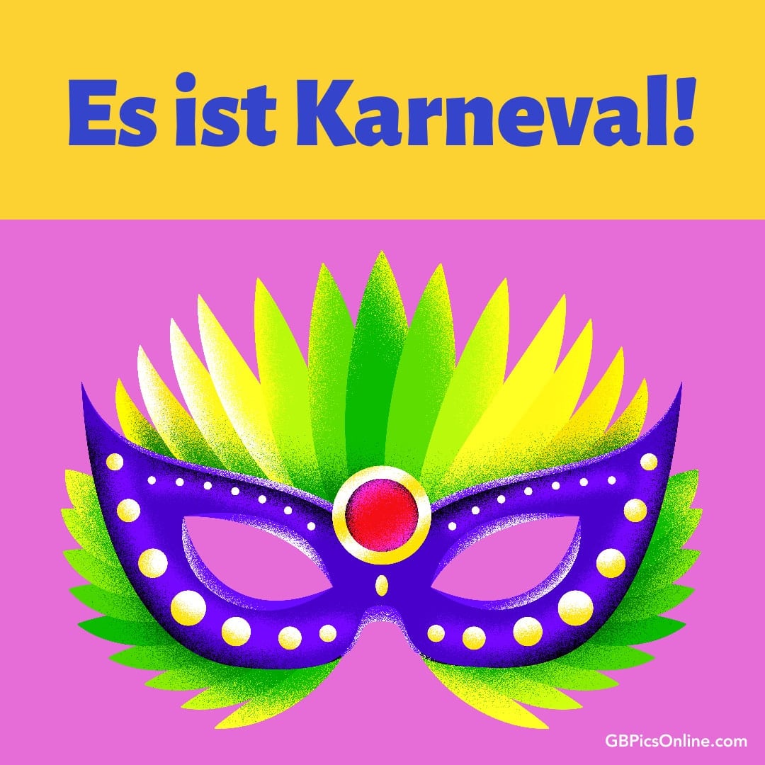 Bunte Karnevalsmaske mit Federn und der Text „Es ist Karneval!“ auf gelb-lila Hintergrund
