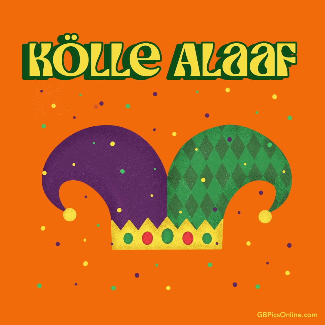 Bunter Narrenhut, „Kölle Alaaf“, Karnevalsgruß, orange Hintergrund