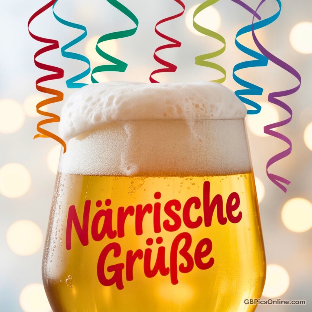 Bierglas mit schäumendem Bier und „Närrische Grüße“ aufschrift, umgeben von bunten Luftschlangen