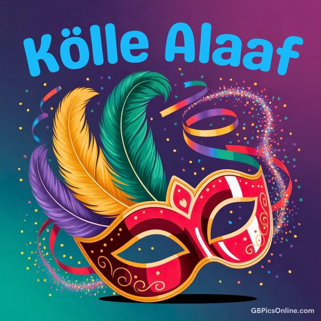 Bunte Karnevalsmaske mit Federn und dem Schriftzug „Kölle Alaaf“
