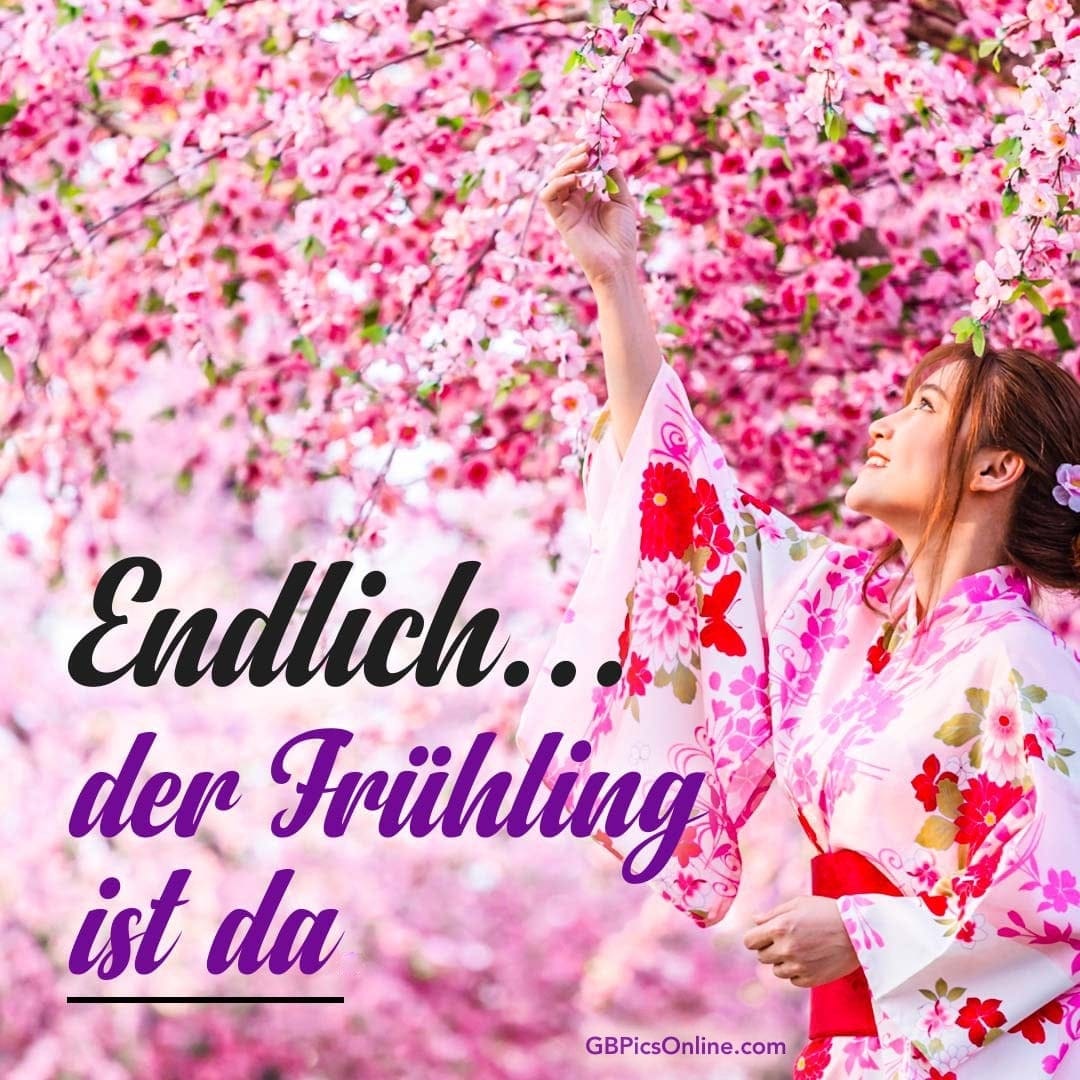 Eine Frau in einem Kimono freut sich unter blühenden Kirschblüten. Text: „Endlich.. der Frühling ist da“