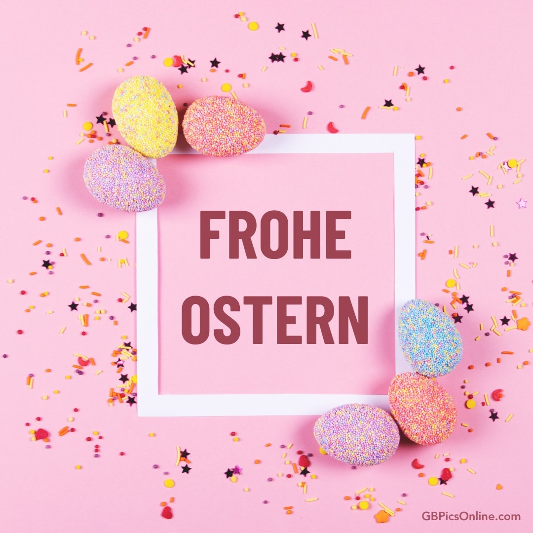 Ein rosa Hintergrund mit glitzernden Eiern und „Frohe Ostern“ Text