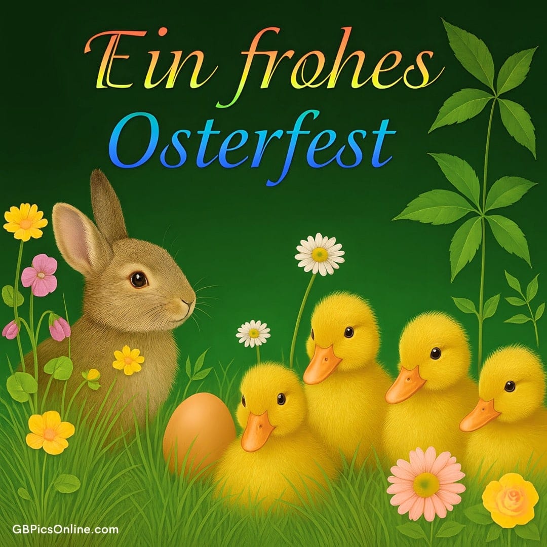 Hase und Küken im Gras mit Blumen, „Ein frohes Osterfest“ Text oben