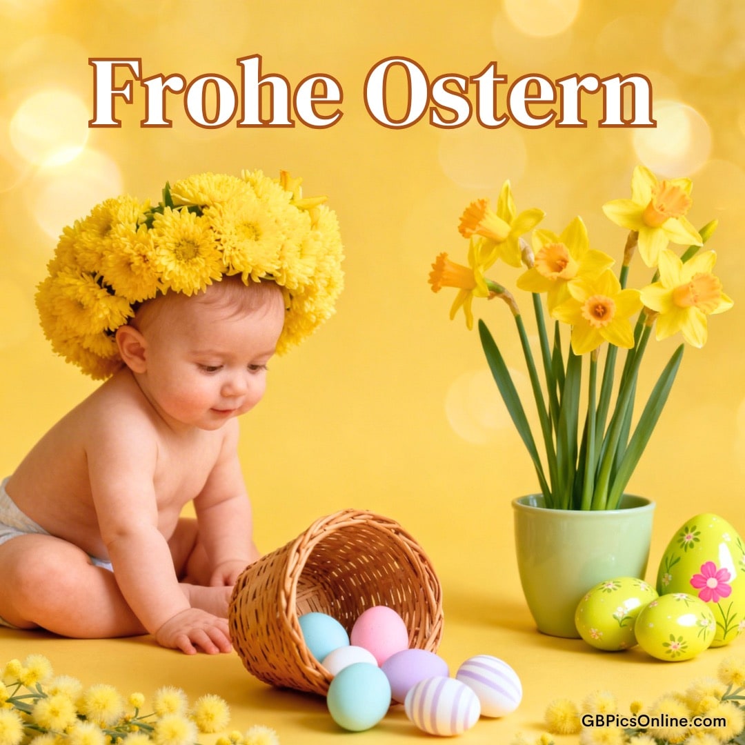 Baby mit gelbem Blumenkranz neben Ostereiern und Korb, daneben Narzissen in Vase vor gelbem Hintergrund