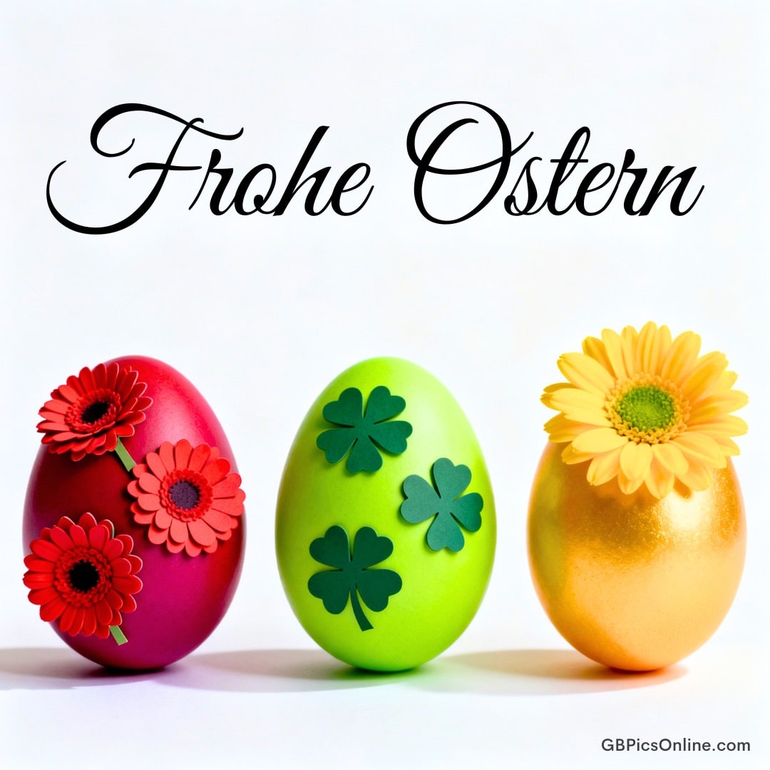 Drei bunte Ostereier mit Blumen und Kleeblättern, darüber Schriftzug „Frohe Ostern“