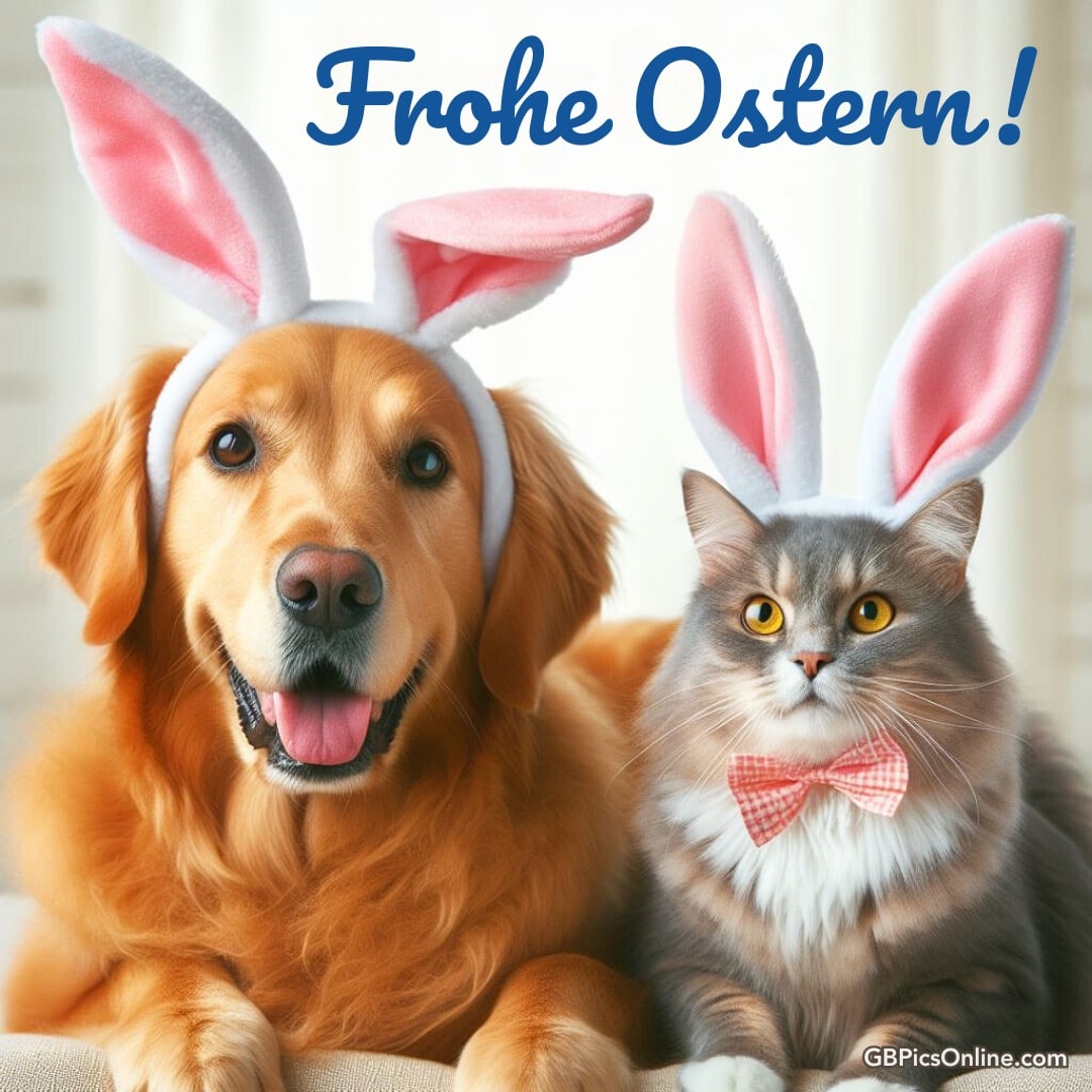 Ein Hund und eine Katze mit Hasenohren lächeln, „Frohe Ostern!“ steht oben
