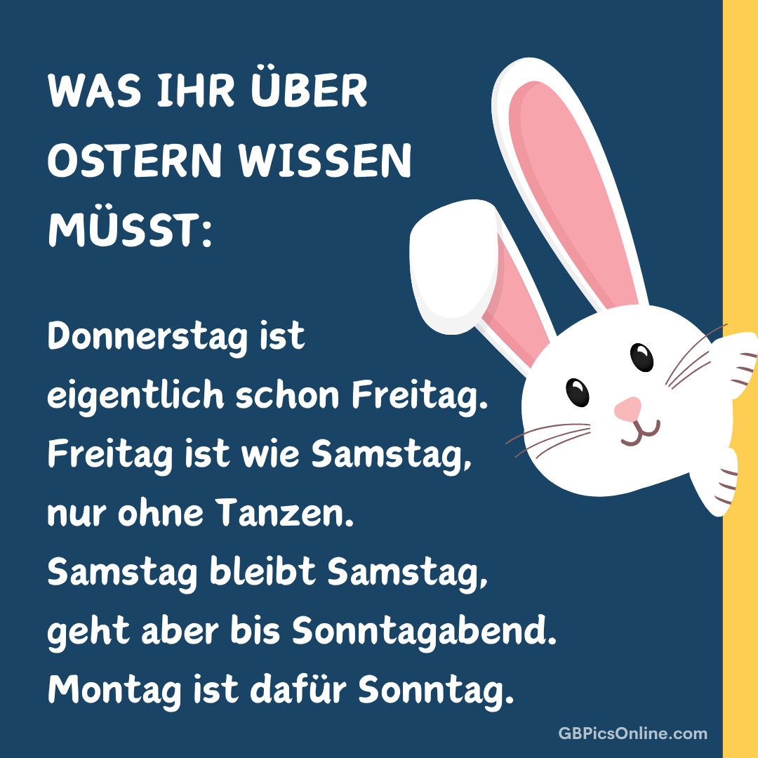 Witziger Ostertext über verlängertes Wochenende, daneben ein lächelnder weißer Hase mit langen rosa Ohren